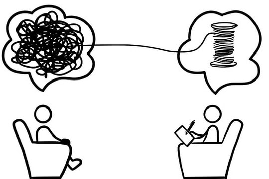 Ilustración del proceso terapéutico: de pensamientos enredados a claridad